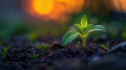 Vibrant Seedling Silhouetted Against Glowing Sunset Backdrop with Natural Energy and Ecological Potential
