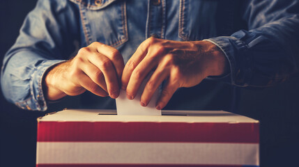 Obraz premium solemnity of voting, with a man's hand seen inserting a ballot into a polling box, against the backdrop of the United States flag, symbolizing the fundamental rights and responsibi