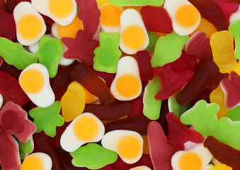 Colored candies in top view. Different shapes of candy such as eggs, cars, bottles, stars, ... 