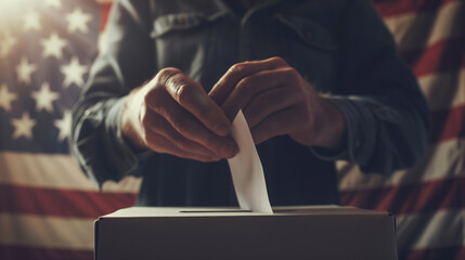 close-up view of a man inserting his vote into a polling box, with the United States flag gently blended in the background, serving as a reminder of the freedoms and democratic pri - obrazy, fototapety, plakaty