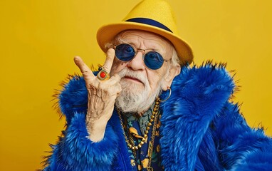 A colourful of an old man in a blue fur coat yellow
