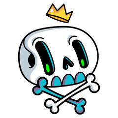 Cute cartoon skull with crown. Funny skull sticker for Halloween design. Vector illustration isolated on white background.