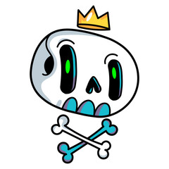 Cute cartoon skull with crown. Funny skull sticker for Halloween design. Vector illustration isolated on white background.