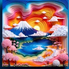 Paper 3D Art: Mount Fuji Sunset with Sakura Trees