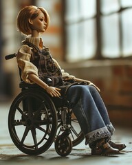 Blond woman's figure in wheelchair, mannequin doll wearing casual clothes, model fashion toy doll sitting on a wheel chair near a large window, alone, isolated on blurred background - obrazy, fototapety, plakaty