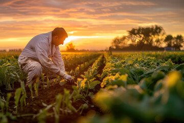 An agronomist conducts a thorough inspection of sugar beet plants in the field during sunset.