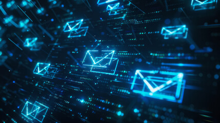 Holographic, messaging and icons with email for digital and rendering for cybersecurity, matrix or ux. Futuristic, media and innovation for information, technology and connection in AI with interface