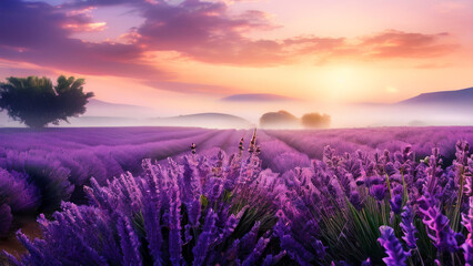 A lavender field against the background of the sunset.