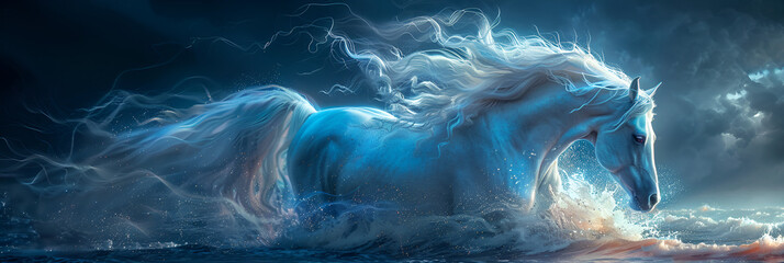 A Blue and White Horse with a Blue Mane on It,
White horse splashing water, studio shot on dark background - obrazy, fototapety, plakaty