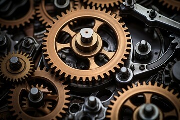 Industrial Metal gears closeup. Work factory. Generate Ai