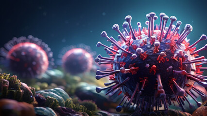 the world under the microscope. A bacterium grows in a benign environment. A virus. - obrazy, fototapety, plakaty