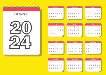 Modern vector 2024 page calendar with yellow background.eps