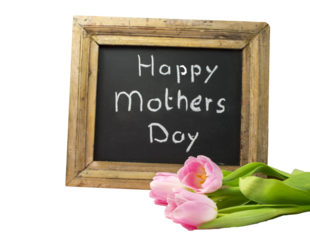 mothers day flowers with blackboard with text