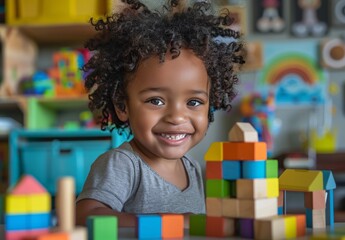 a cute african american girl with curly hair playing with blocks