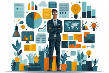 Illustration of a smartly dressed businessman standing confident amongst various symbols of business and analytics