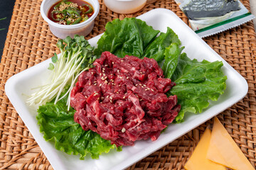 Korean food, Korean beef, beef sashimi,  beef sashimi, raw pork belly, charcoal fire, seasoning, ribs, side dishes, galbitang, rice, kimchi, ssamjang, chili peppers, garlic, radish sprouts, lettuce