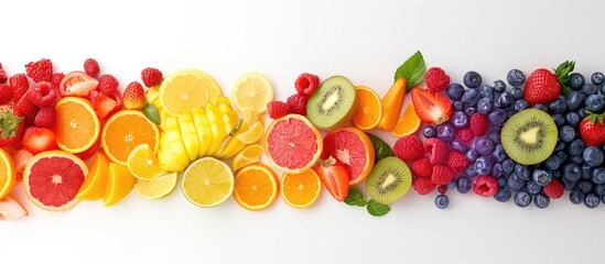 A colorful variety of fruits and slices arranged in a rainbow pattern, symbolizing healthy eating, with space for text on a white background.