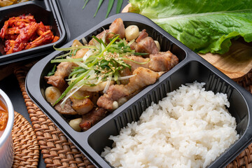 Korean food, Korean beef, beef sashimi,  beef sashimi, raw pork belly, charcoal fire, seasoning, ribs, side dishes, galbitang, rice, kimchi, ssamjang, chili peppers, garlic, radish sprouts, lettuce
