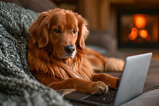 Dog interacting with technology. A dog at home with a laptop, lying on a sofa.