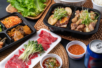 Korean food, Korean beef, beef sashimi,  beef sashimi, raw pork belly, charcoal fire, seasoning,...