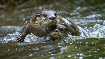 A mother otter carrying her pup in her mouth as she swims through the water, her gentle grip ensuring its safety