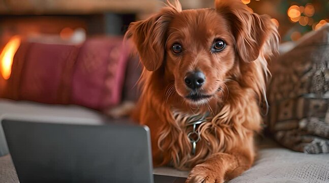 A cute dog at home with a laptop, showcasing a scene of modern living as the pet curiously interacting with the digital device