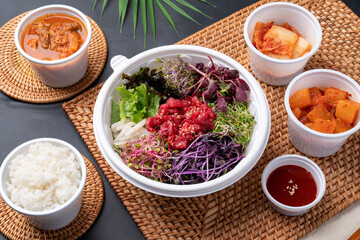 Korean food, Korean beef, beef sashimi,  beef sashimi, raw pork belly, charcoal fire, seasoning, ribs, side dishes, galbitang, rice, kimchi, ssamjang, chili peppers, garlic, radish sprouts, lettuce