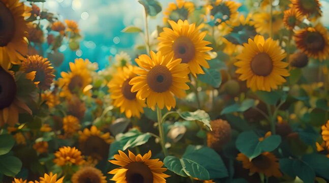 Vibrant field of blooming sunflowers under soft, natural light, with a blurred background