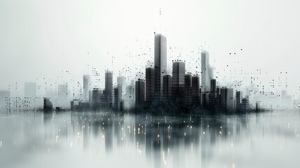 A network visualization resembling a city skyline, with nodes representing buildings interconnected by linesimage illustration - obrazy, fototapety, plakaty