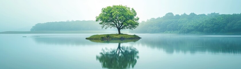 A tree is on a small island in a lake