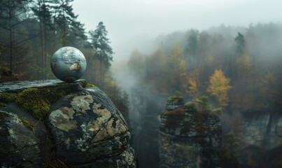 Earth globe balanced on a rock ledge overlooking a misty forest gorge
