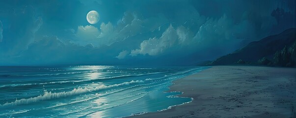 A beautiful beach scene with a large moon reflecting on the water
