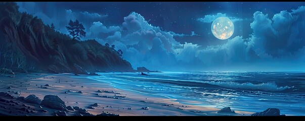 A beautiful night sky with a full moon and a calm ocean