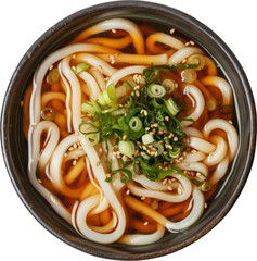 Bowl of Japanese udon noodle isolated. top view.