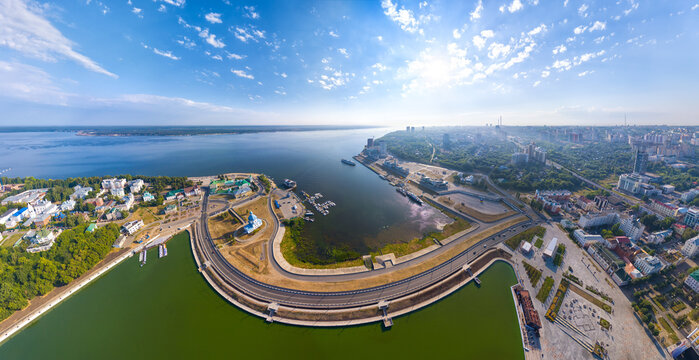 Cheboksary, Russia. Panorama of the city from the air. Cheboksary Bay. Volga River. Sunny day. Panorama 360