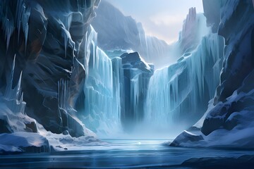 The ethereal glow of frozen waterfalls, crystal cliffs Dawntime scene of a frozen waterfall - obrazy, fototapety, plakaty