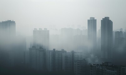 Fototapeta na wymiar Urban landscape shrouded in smog with tall buildings barely visible