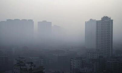 Urban landscape shrouded in smog with tall buildings barely visible