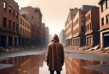 Man with hood and suit in an abandoned deserted city..