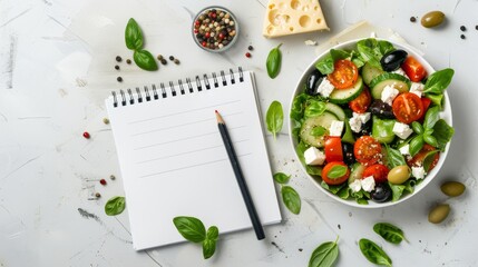 Salad bowl, notepad, and pen on table