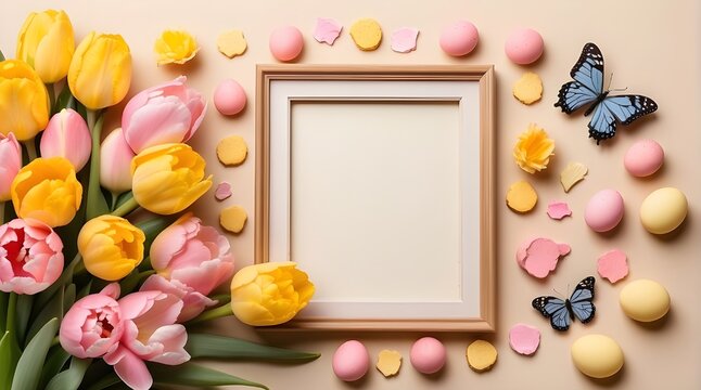 Easter idea. vertical picture frame in flat lay format On an isolated beige background, bright Easter eggs, yellow, pink tulips, flowers, and butterfly cookies