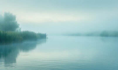 Fototapeta premium A calm riverside scene with fog rolling over the water in the early morning