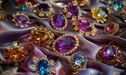 A captivating photograph showcasing a collection of vibrant gemstone brooches arranged on a luxurious satin material background