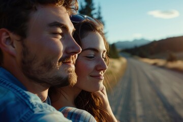 Smiling couple in close embrace, enjoying sunset on a road trip. generative ai