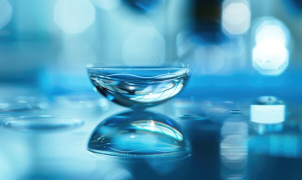 A contact lens being sanitized in a solution against a clean medical background - Powered by Adobe