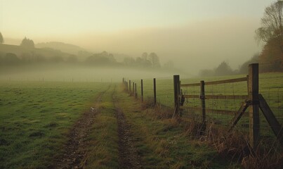 A gentle morning fog over a peaceful countryside landscape