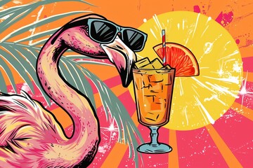 a flamingo in sunglasses sipping an orange cocktail