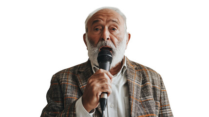 portrait of an old businessman holding microphone isolated on transparent background, experienced businessman sharing his experience, public speaking  - obrazy, fototapety, plakaty