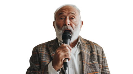 portrait of an old businessman holding microphone isolated on transparent background, experienced businessman sharing his experience, public speaking 