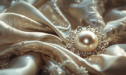 A pearl brooch adorned with sparkling crystals resting on a smooth satin material background